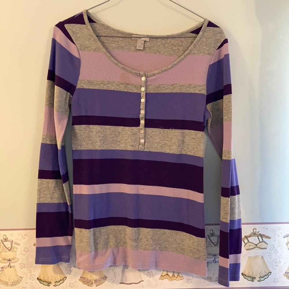 Striped Waffle Weave Tee with button placket front